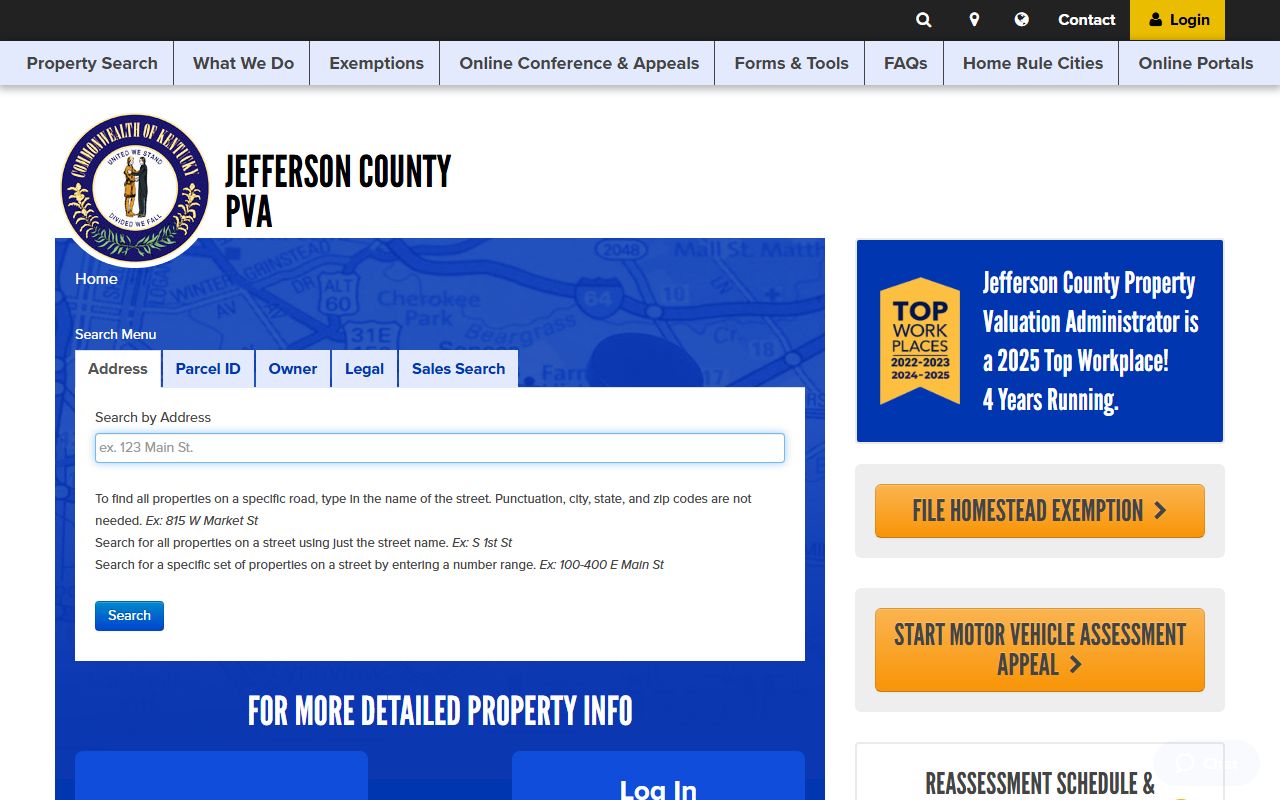 Jefferson County PVA homepage showing property search options